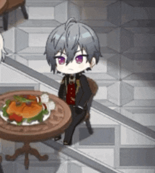 a cartoon character is sitting at a table with a plate of food on it .