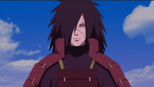 a purple haired anime character stands in front of a blue sky with clouds