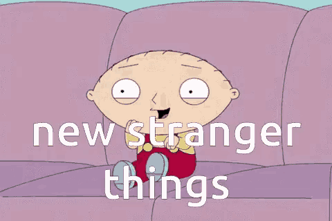 a cartoon character is sitting on a couch with the words `` new stranger things '' written on the bottom .