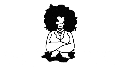 a black and white drawing of a man with an afro in a suit and tie with his arms crossed .