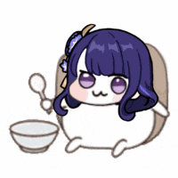 a cartoon of a girl with purple hair holding a spoon and a bowl of food .