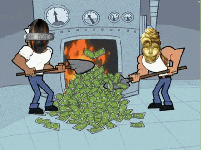 a cartoon of two men shoveling money in front of a machine that says offroad on it