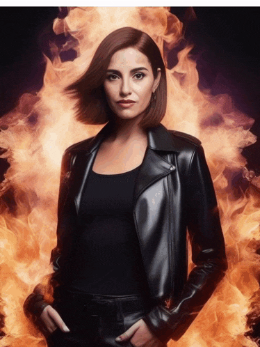 a woman in a leather jacket stands in front of a fire