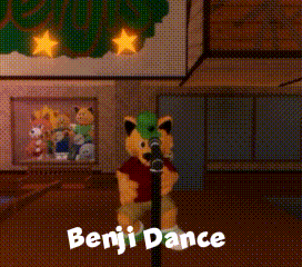 a stuffed animal singing into a microphone with the words benji dance written above it