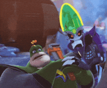 a cartoon character with a surfboard on his head and a gun