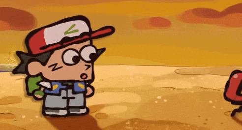 a cartoon character wearing a red hat with the letter n on it .