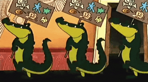 three cartoon alligators holding signs with skulls and crossbones on them