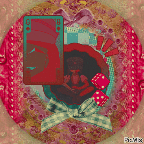 a picture of a queen of spades playing card with dice and a bow