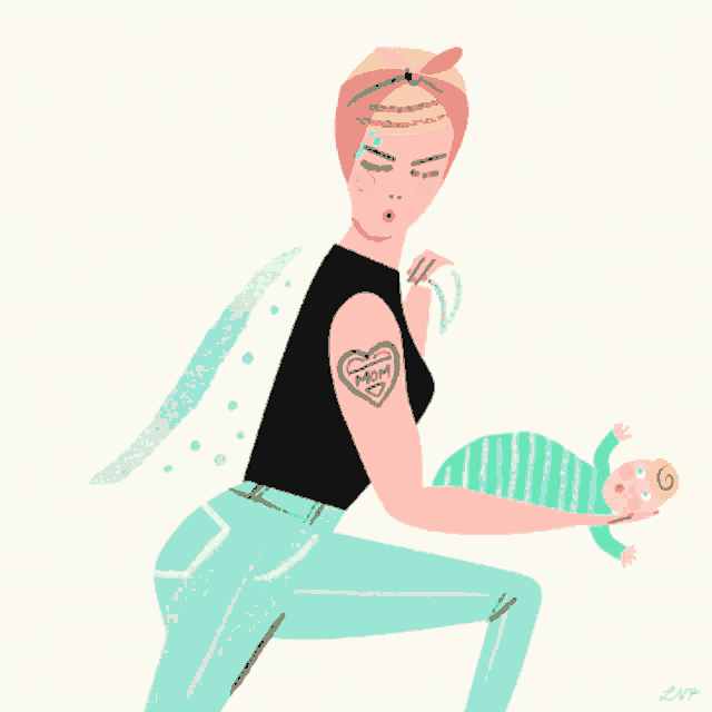 an illustration of a woman with a tattoo that says mom on her arm