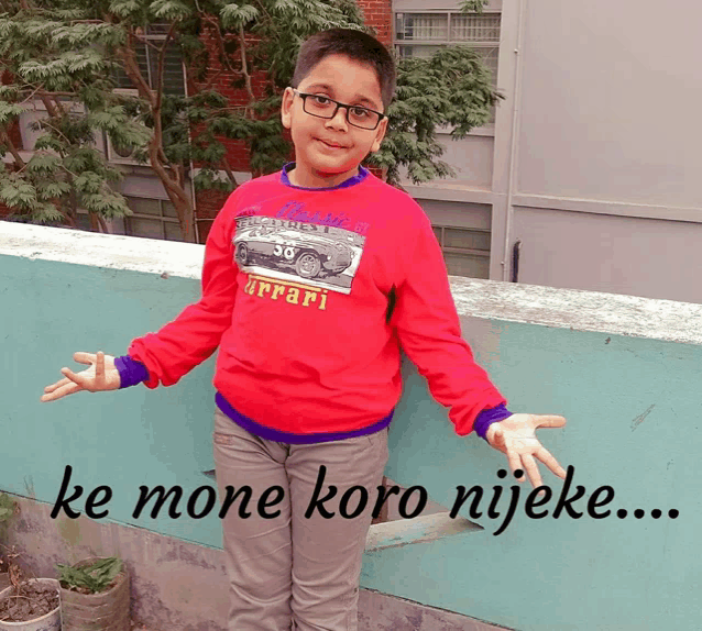 a young boy wearing a red ferrari sweatshirt stands on a balcony