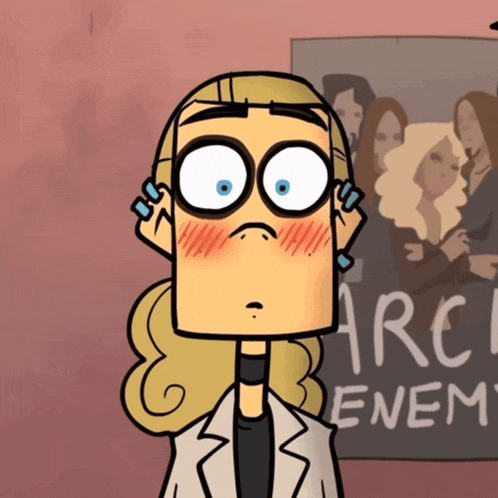 a cartoon drawing of a woman covering her ears in front of a poster that says " arch enemy "