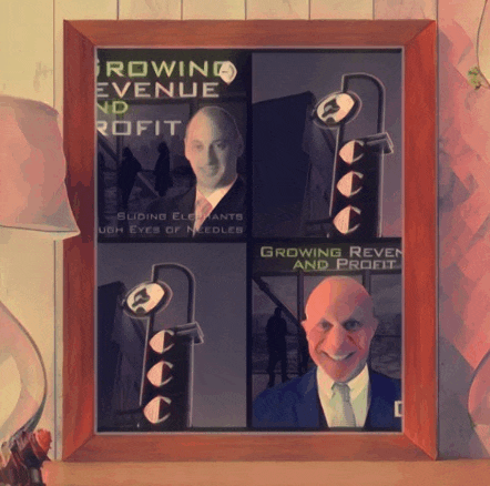 a picture of a man in a suit and tie with a sign that says growing revenue and profit on it