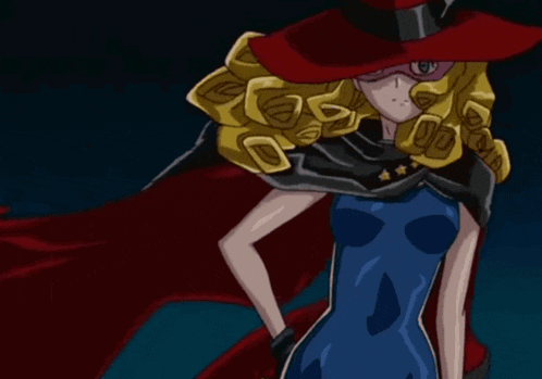 a cartoon character with a red hat and a blue dress