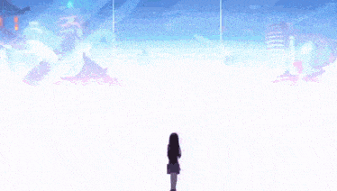 a girl is standing in front of a city with buildings and clouds .
