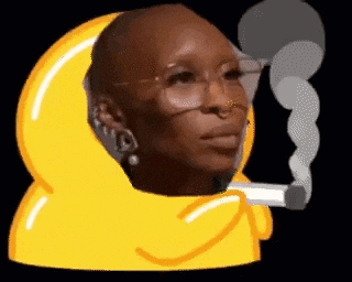 a woman with glasses is smoking a cigarette in a yellow cartoon .