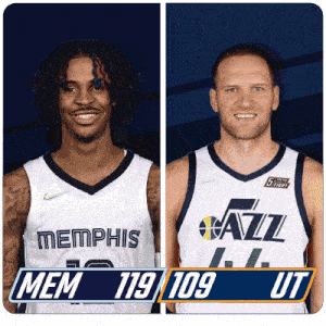 two basketball players with memphis and jazz jerseys