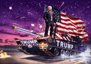 a man in a suit stands on top of a tank that says trump