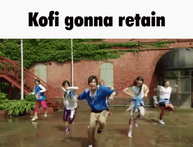 a group of people are dancing in the rain and the caption kofi gonna retain is above them