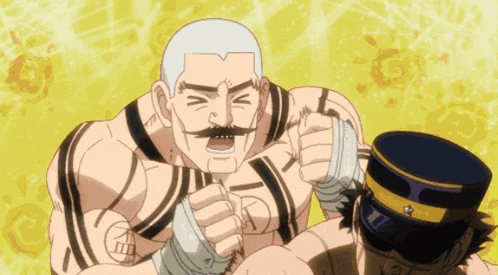 a man with a mustache is wrapping another man 's arm in a bandage