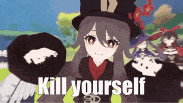 a cartoon of a girl with a hat and the words `` kill yourself '' written on the bottom .