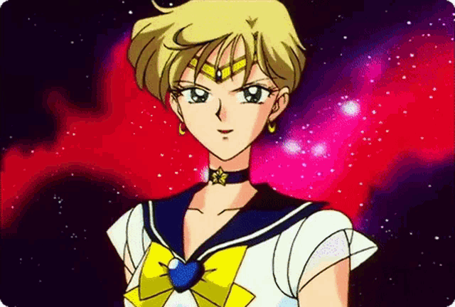a cartoon character with blonde hair and a yellow bow on her chest