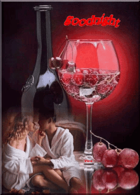 a couple kissing next to a bottle of wine and a glass of wine with raspberries in it