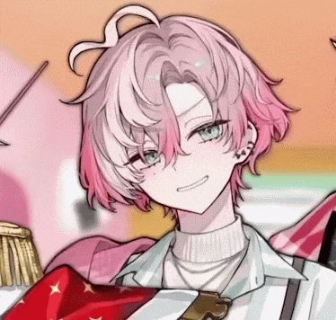 a boy with pink hair and green eyes is smiling .