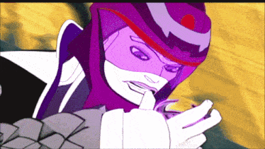a cartoon character wearing a purple helmet with a red circle on the top