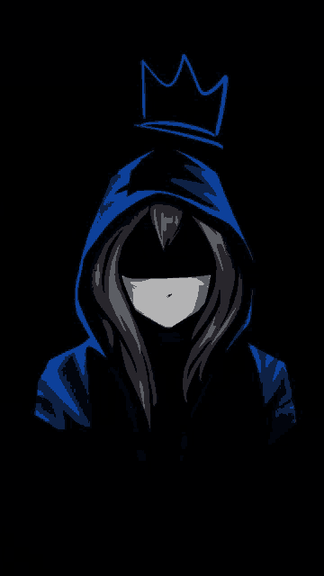 a person wearing a blue hoodie with a crown on top of their head