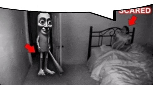 a cartoon character is standing in a doorway next to a bed with a scared sign above it