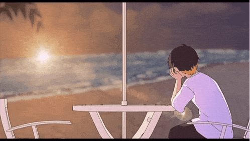 a cartoon of a man sitting at a table on a beach