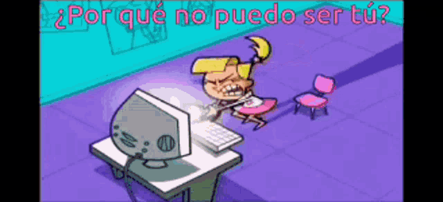 a cartoon of a girl sitting in front of a computer with the words por que no puedo ser tu