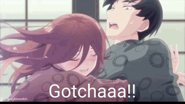 a picture of a girl and a boy with the words gotchaaa on the bottom
