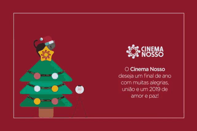 a red background with a christmas tree and the word cinema on it