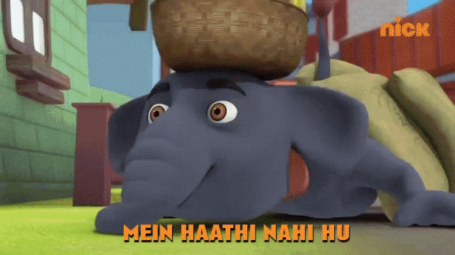 a cartoon elephant with a basket on its head and the words mein haathi nahi hu underneath it