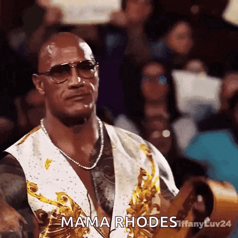 a man wearing sunglasses and a pearl necklace says mama rhodes