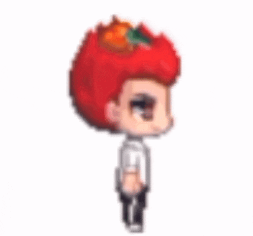 a pixel art character with red hair and a pumpkin on his head .