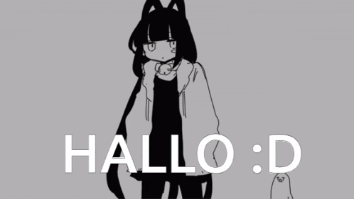 a black and white drawing of a girl with the words hallo : d below her