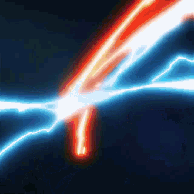 a red and blue lightning bolt strikes against a dark background