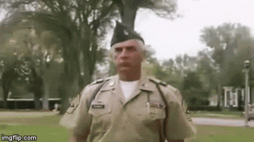 a man in a military uniform is standing in a grassy field with trees in the background .