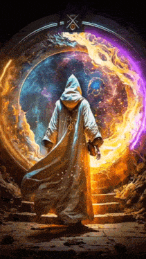 a man in a hooded robe is standing in front of a portal