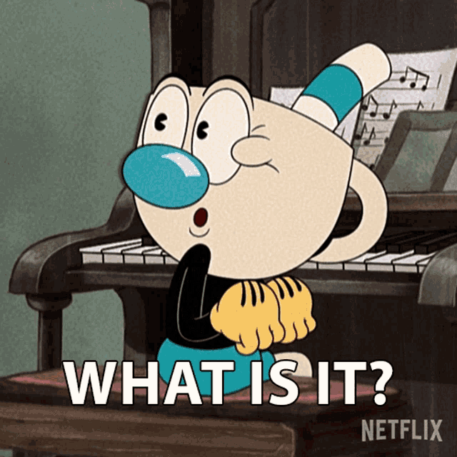 a cartoon character sitting at a piano with the words " what is it " written below him