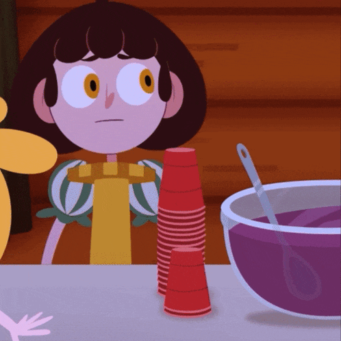 a cartoon girl sitting at a table with red cups and a bowl of purple jelly