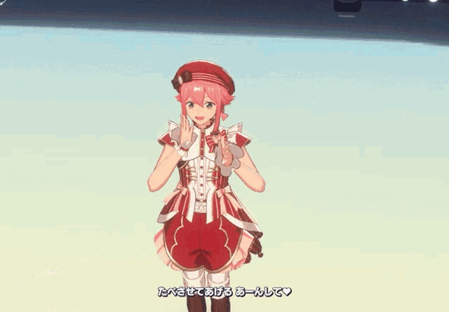 a girl with pink hair wearing a red dress and a red hat
