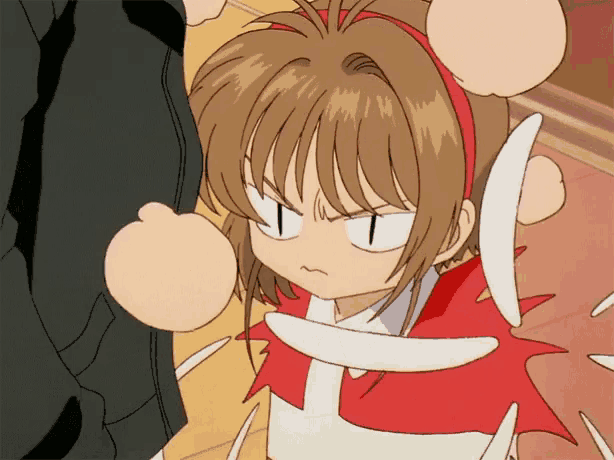 a cartoon girl with a red headband and white wings is making a funny face