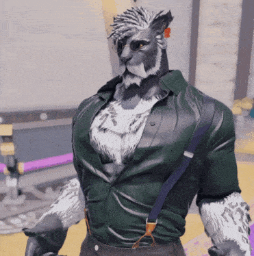 a furry man with a green shirt and suspenders