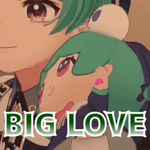 a picture of two anime characters with the words big love written below them