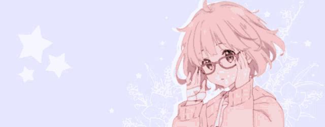 a girl with pink hair and glasses is wearing a pink jacket
