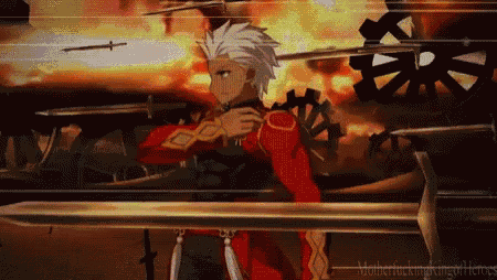 a cartoon character is holding a sword in front of a fire .