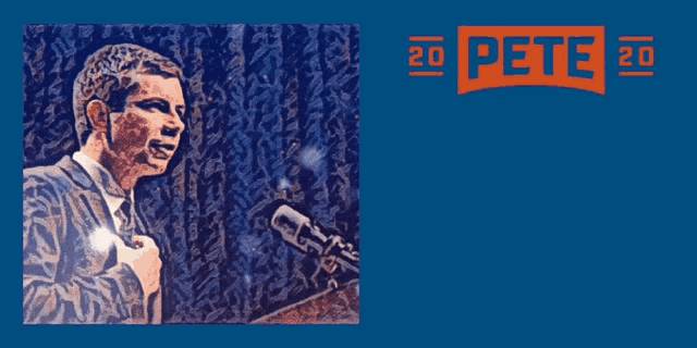 a poster that says pete for president with a man speaking into a microphone